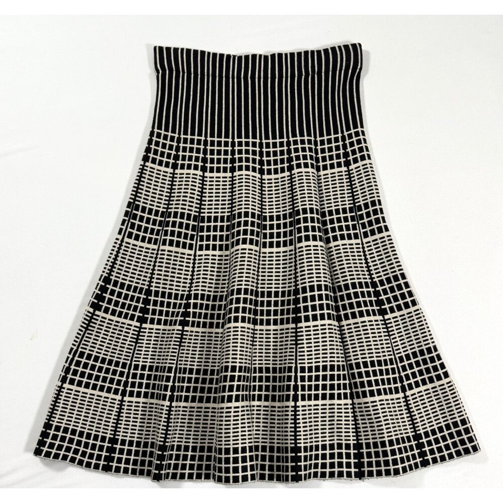 LAPIS Black Ivory Knit Skirt L Wool Blend‎ Mod Optical Check Geometric Midi Soft